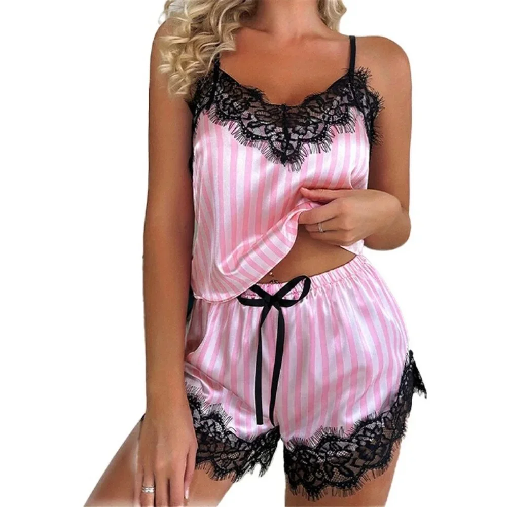 NIP - 2Pc Sexy Camisole Pink & White Stripe with Lace Edge V-Neck Pajama Set - L - Picture 3 of 6